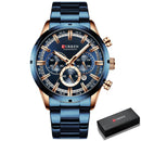 Relógio Curren cronógrafo azul com pulseira e caixa em aço inox
