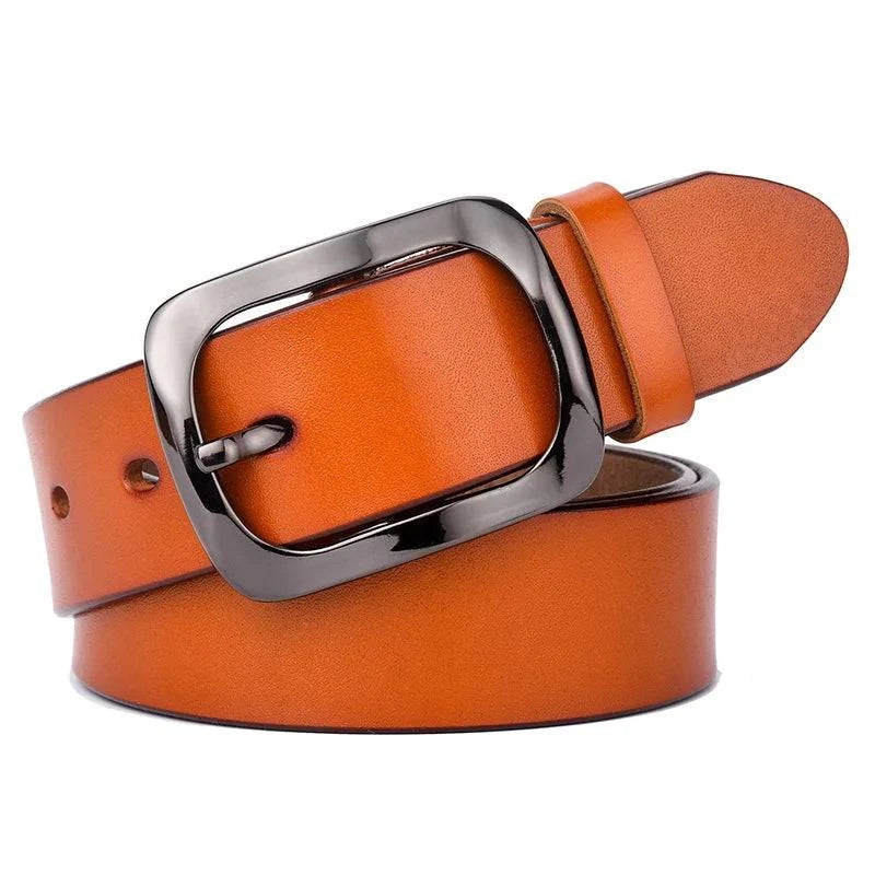Cinto Feminino de Couro Genuíno com Fivela Metalizada Laranja - Zellum