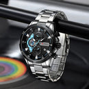 Relógio cronógrafo masculino aço inoxidável pulseira prateada mostrador preto