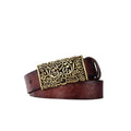 Cinto de Couro Feminino marrom com Fivela Ornamental detalhada.