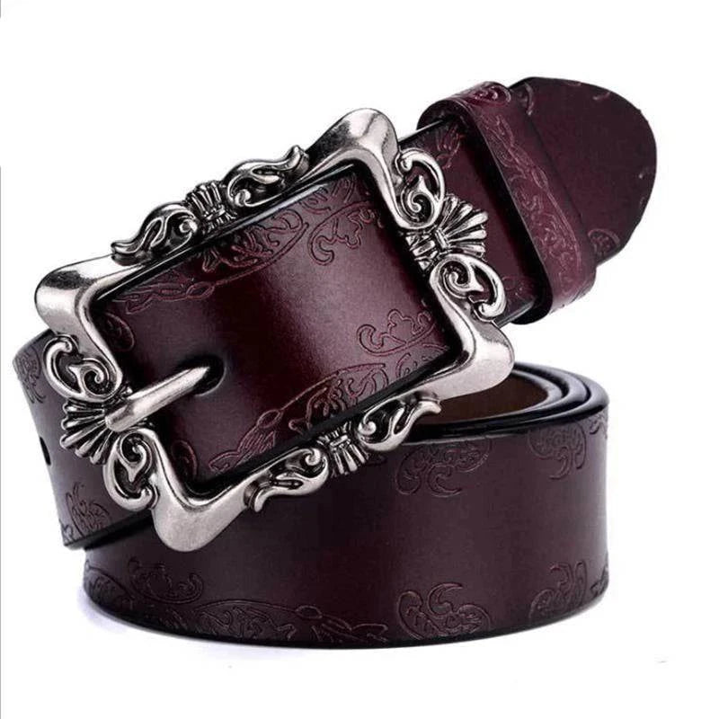 Cinto feminino em couro vinho com fivela ornamental prata estilo barroco