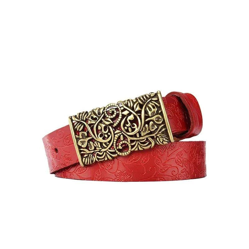 Cinto de Couro Feminino com Fivela Ornamental Marrom Escuro.