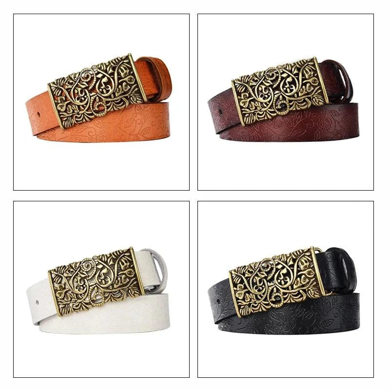 Cinto de couro feminino marrom com fivela ornamental elegante.