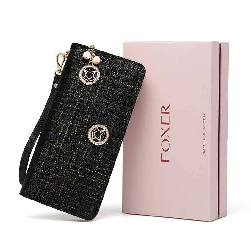 Alt text: Carteira feminina de couro premium marrom escuro elegante.