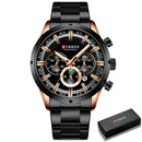 Relógio cronógrafo Curren preto com detalhes rose gold e pulseira de aço inoxidável