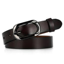 Cinto feminino marrom em couro com fivela oval prateada