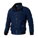 Jaqueta bomber masculina azul marinho com gola e punhos pretos em ribana
