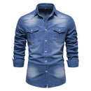 Jaqueta jeans azul masculina com botões e bolsos no peito