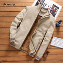Jaqueta bomber masculina bege com forro fleece marrom e detalhes em listras cinzas