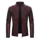 Jaqueta de couro bordo masculina com gola mandarim e zíper frontal