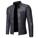 Jaqueta de couro masculina azul-marinho com gola alta, zíper frontal e bolso diagonal no peito