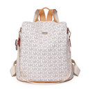 Mochila feminina creme com estampa monograma, alças de couro e detalhes vermelhos