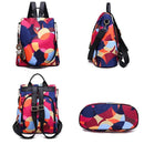 Mochila feminina com estampa geométrica colorida em rosa, azul e laranja, vista de frente, lateral, traseira e acessório