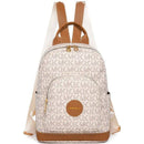 Mochila feminina com estampa monograma MK, alças de couro marrom e acabamento dourado
