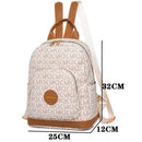 Mochila bege com padrão monograma MK, alças e detalhes em couro marrom
