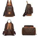 Mochila feminina marrom com padrão monograma, vista frontal, lateral, traseira e inferior