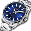 Relógio Curren com mostrador azul, pulseira em aço inoxidável e marcadores brancos