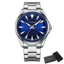 Relógio Curren com mostrador azul, caixa aço inoxidável e pulseira em metal