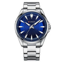 Relógio Curren com pulseira de aço inoxidável, mostrador azul e marcadores brancos