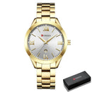 Relógio Curren dourado com mostrador branco, numerais romanos e pulseira de aço