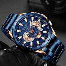 Relógio masculino aço inox cronógrafo azul e rosê com pulseira de elo