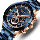 Relógio Curren cronógrafo azul e rose gold com pulseira de aço inox