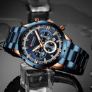 Relógio Curren cronógrafo azul e rose gold com pulseira em aço inoxidável