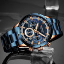 Relógio cronógrafo masculino em aço inox azul e rose gold com mostradores de cronometragem