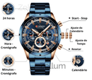 Relógio Curren cronógrafo com mostrador azul, pulseira em aço inox e detalhes em ouro rosado