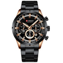 Relógio Curren cronógrafo preto com detalhes rose gold e pulseira em aço inox