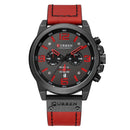 Relógio Curren masculino cronógrafo caixa preta, mostrador cinza com detalhes vermelho, pulseira couro vermelho
