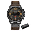 Relógio Curren cronógrafo caixa preta e pulseira couro marrom
