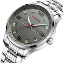 Relógio Curren masculino com pulseira de aço inox, mostrador cinza e ponteiros vermelhos