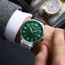 Relógio de pulso com mostrador verde e pulseira de aço inoxidável