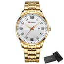 Relógio Curren com pulseira de aço dourado, mostrador branco e janela de data