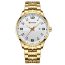 Relógio Curren com pulseira de aço inox dourado, mostrador branco e ponteiros dourados