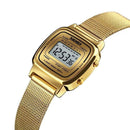 Relógio digital dourado com pulseira em aço, display LCD branco