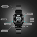 Relógio digital preto com pulseira aço, diagrama de funções: countdown, alarme, modo dia/noite, cronômetro