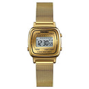 Relógio digital quadrado dourado com pulseira de malha, mostrador digital e botões de função