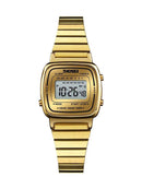 Relógio digital quadrado dourado com pulseira em aço, visor LCD e funções de alarme e cronômetro