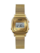 Relógio digital dourado com pulseira em malha metálica e display LCD