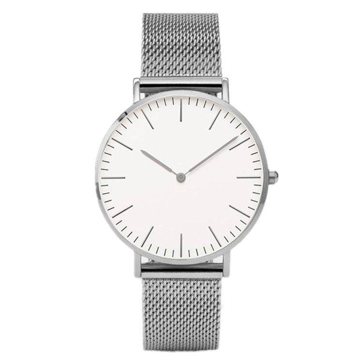 Relógio Feminino Minimalista Com Pulseira de Aço Inoxidável Prata e Branco - Zellum
