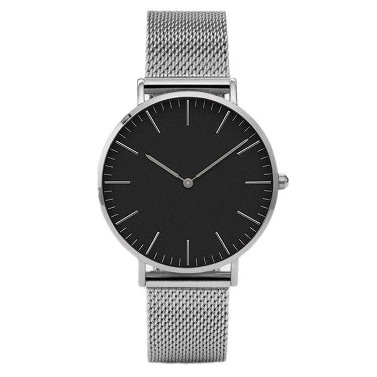 Relógio Feminino Minimalista Com Pulseira de Aço Inoxidável Prata e Preto - Zellum