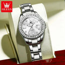 Relógio feminino de aço inox com mostrador branco e cristais no bisel
