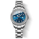 Relógio feminino de aço inoxidável com mostrador azul e moldura cravejada