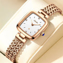 Relógio feminino dourado rosé com pulseira de malha metálica e mostrador branco