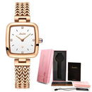 Relógio quadrado dourado rose com pulseira malha, caixa de presente rosa e acessórios inclusos