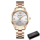 Relógio feminino minimalista com caixa e pulseira em aço inox dourado, mostrador branco com algarismos romanos