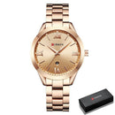 Relógio feminino dourado em aço inoxidável com mostrador minimalista e pulseira ajustável