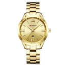 Relógio dourado minimalista com pulseira de aço inoxidável e numerais romanos